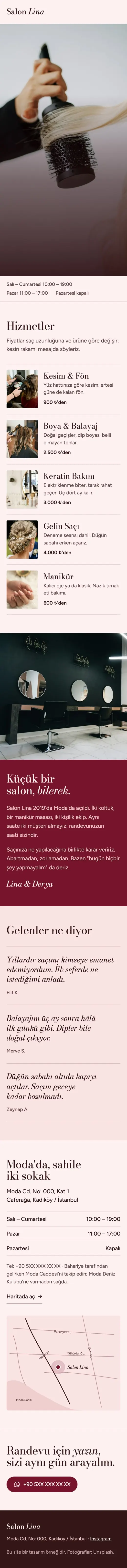 Salon Lina telefon görünümü, tam sayfa